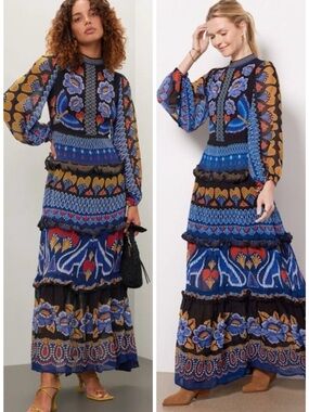 FARM RIO Ainika Ruffled Printed Crepe Maxi Dress SZ XS NWT